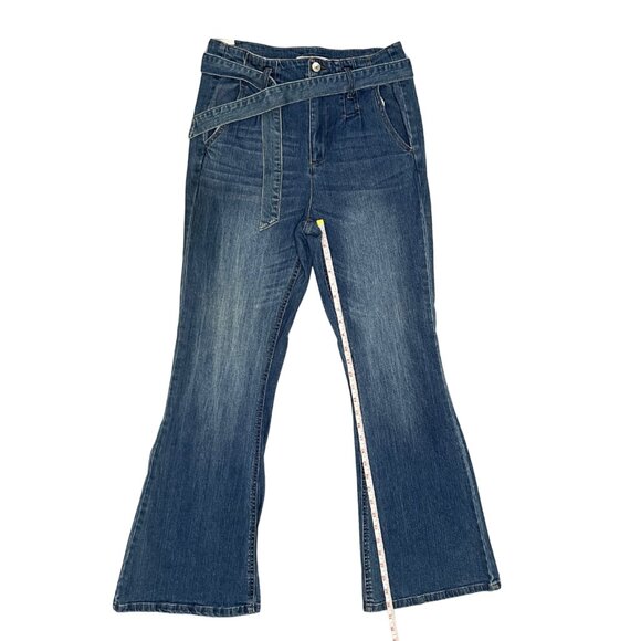 Almost Famous Y2K Juniors Size 11 High Rise Flare Jeans Blue Denim Tie Belt - Picture 9 of 14